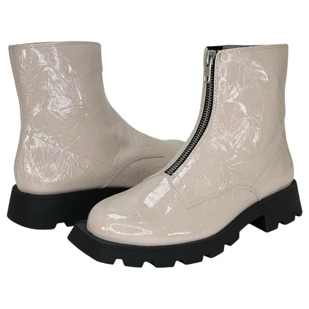 Katy Perry Collections Cream Patent Leather Ankle Boots with Black Lug Sole